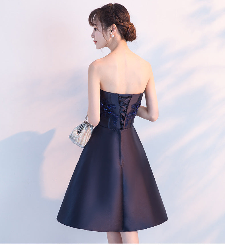 Cute satin short prom dress lace evening dress 8939