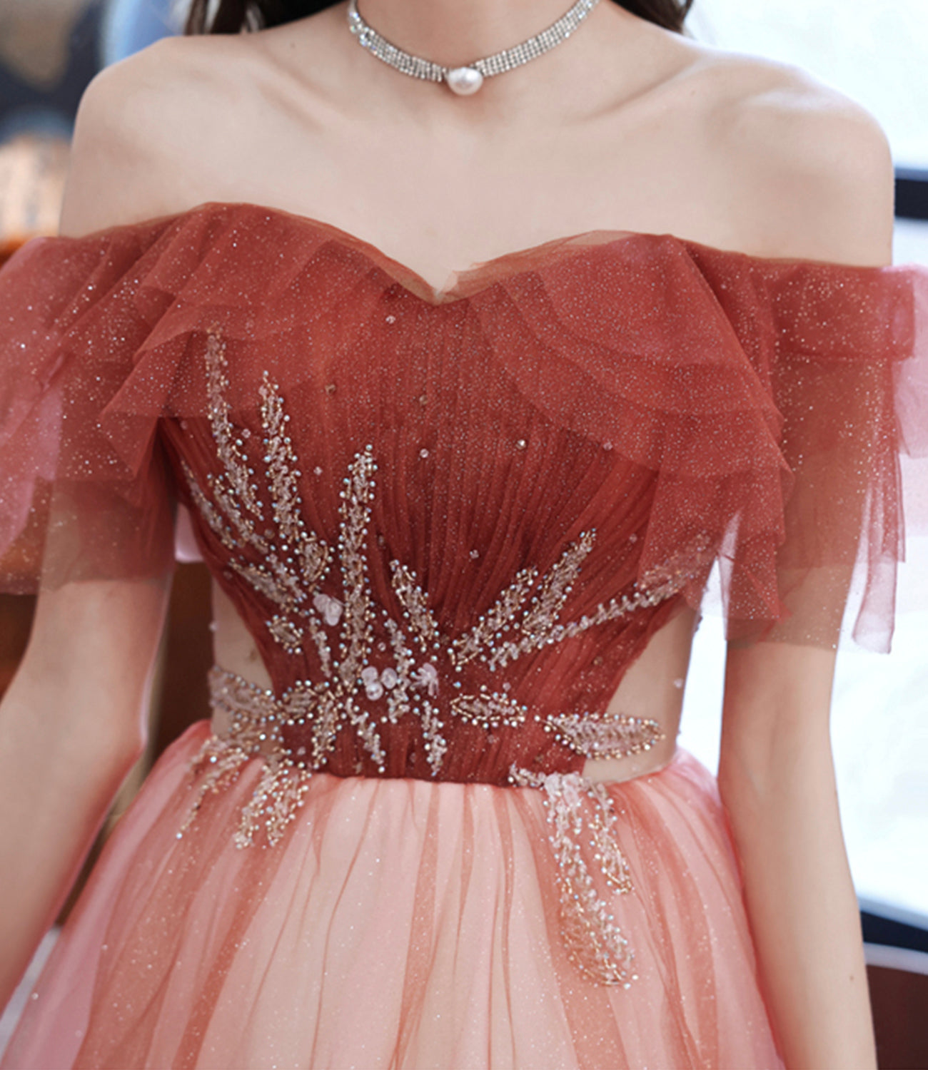 Burgundy tulle long A line prom dress evening dress 8920
