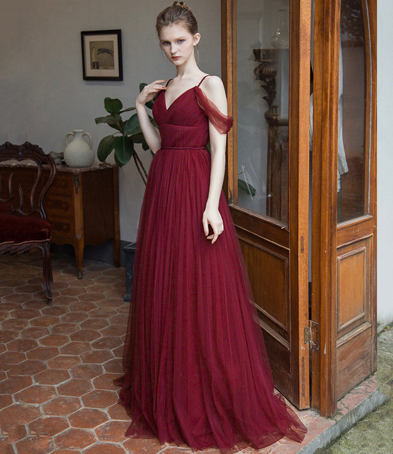 Burgundy tulle long prom dress simple evening gown 8941