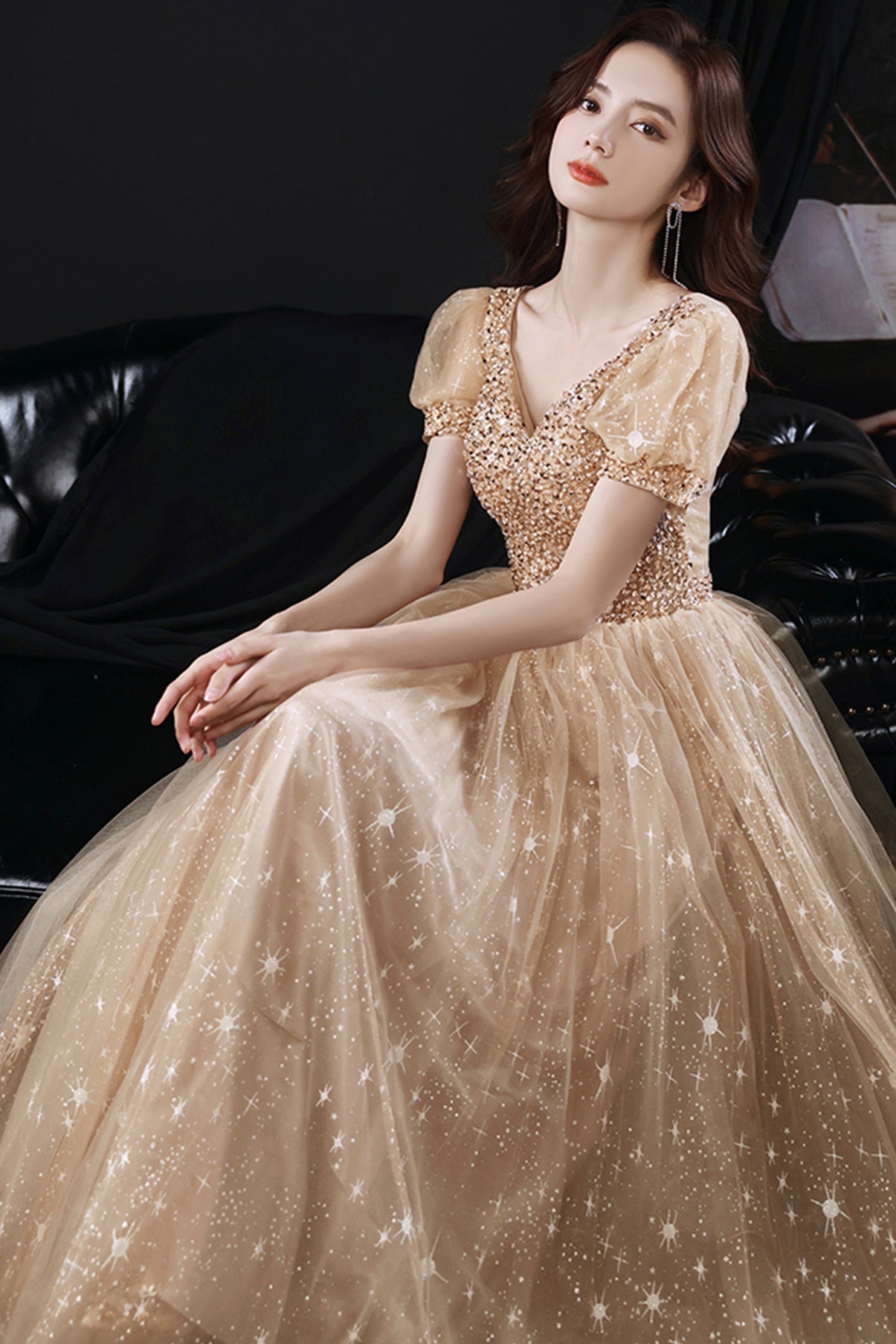 Gold tulle beads long A line prom dress evening dress 8860