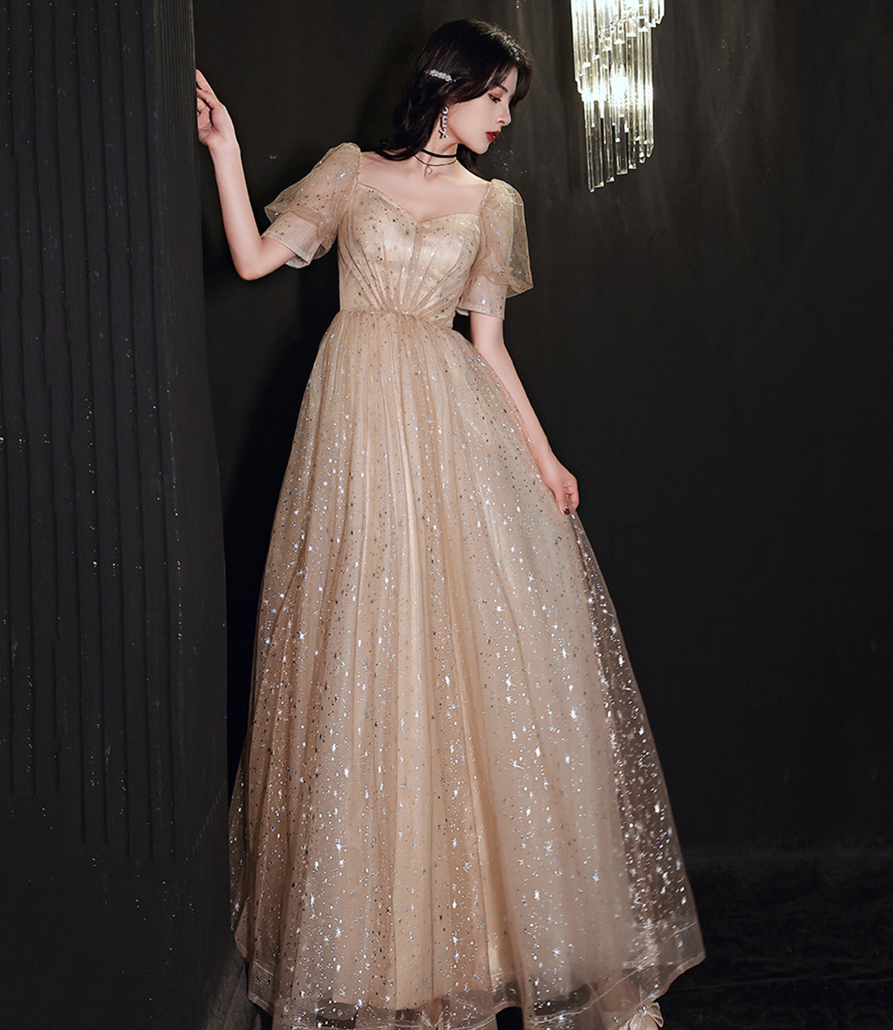 Champagne tulle long A line prom dress evening dress 8853