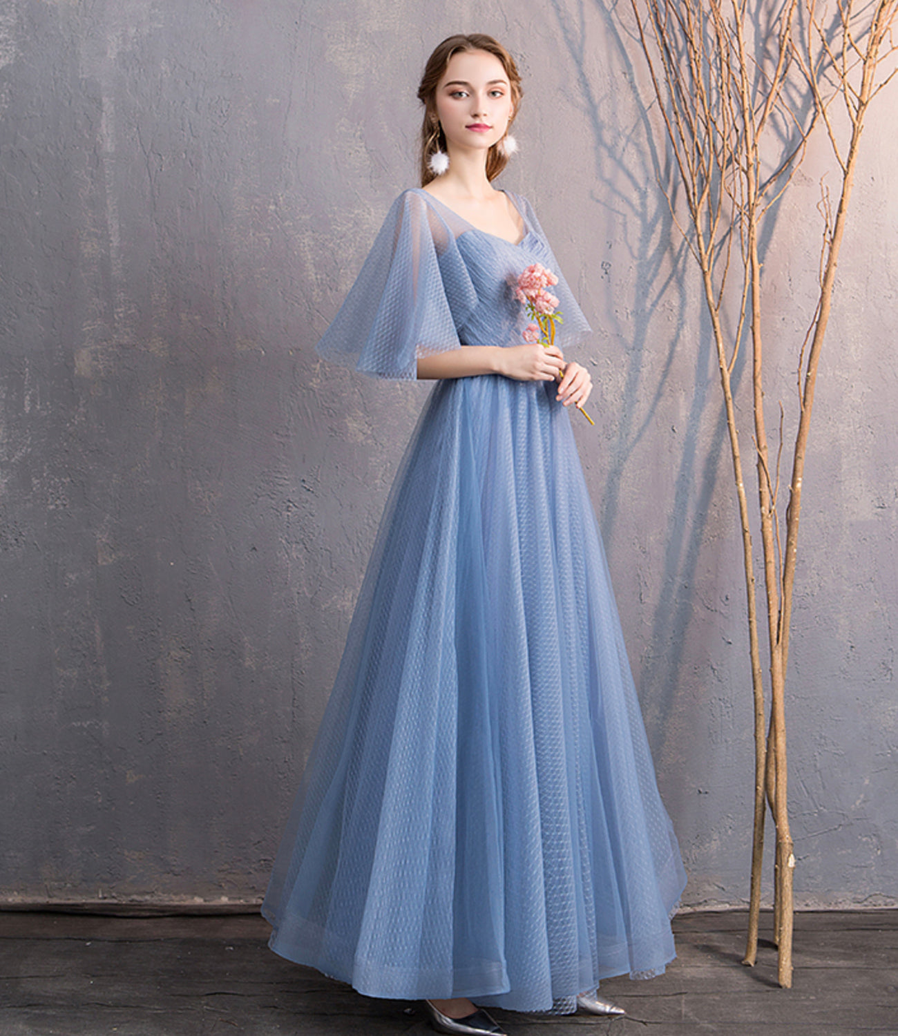 Blue tulle long prom dress simple evening dress 8866