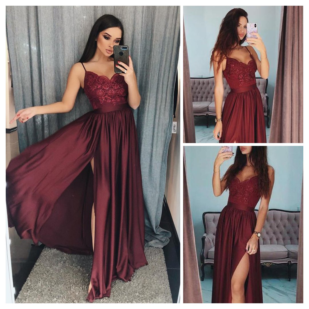 Vestidos de fiesta largos, económicos, con corte en A, de encaje, con tirantes finos y abertura lateral, color burdeos