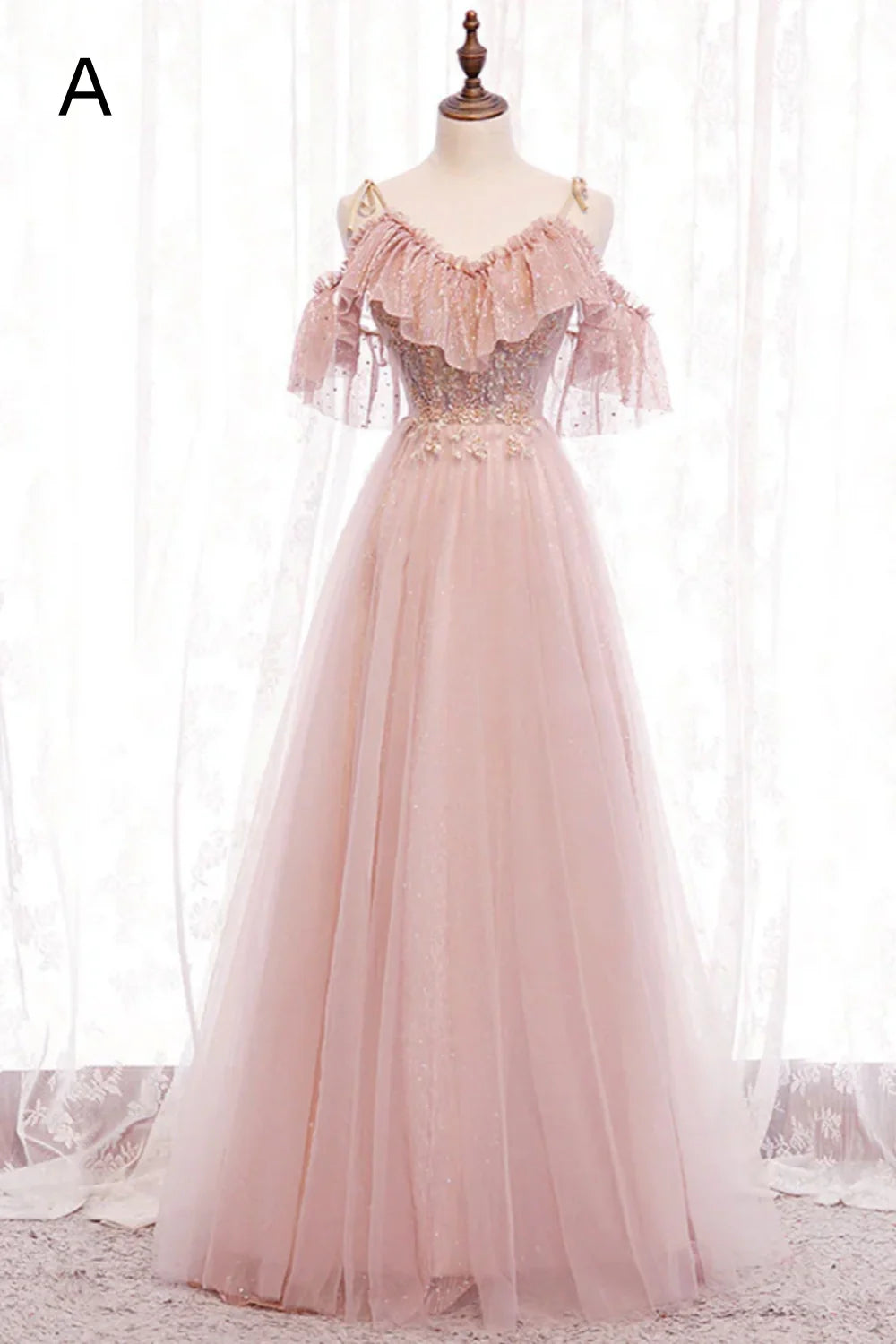Pink tulle lace long prom dress evening dress 8349