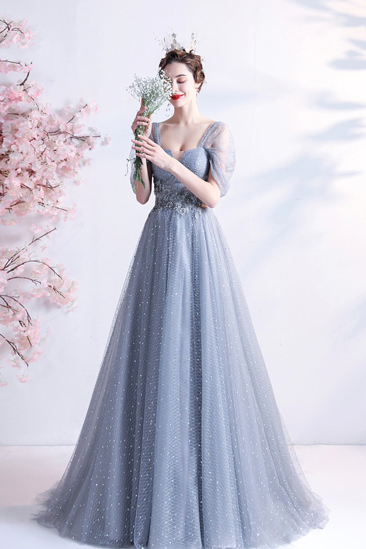 Gray tulle long A line prom dress gray evening dress 8770