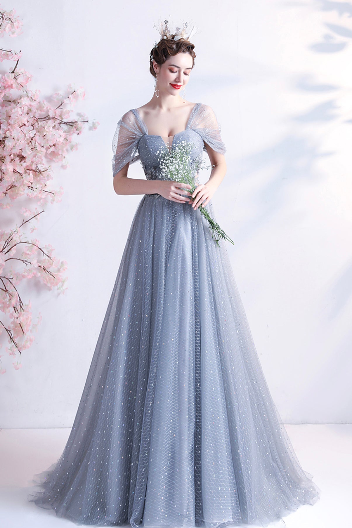 Gray tulle long A line prom dress gray evening dress 8770