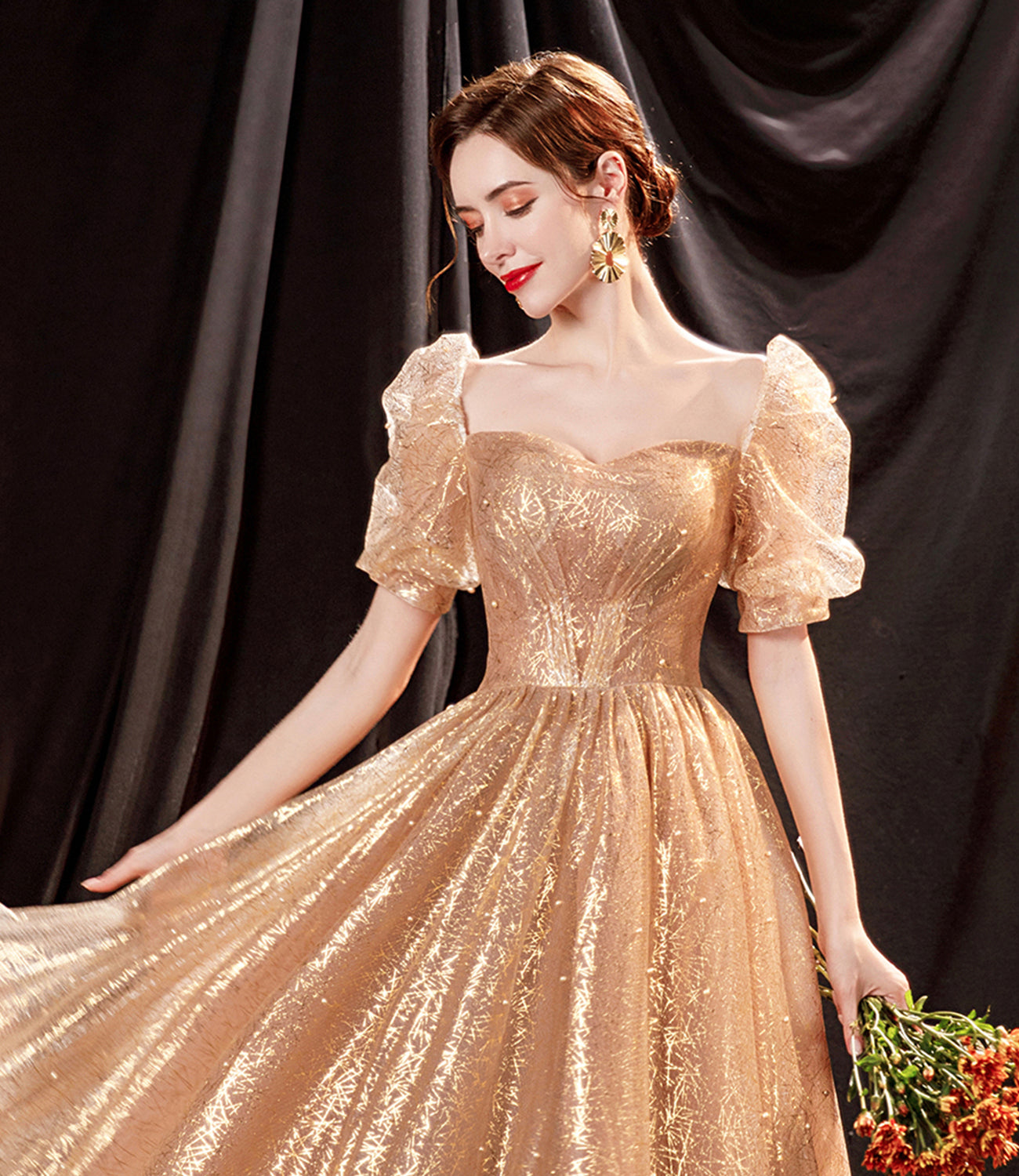 Shiny tulle long A line prom dress evening dress 8818