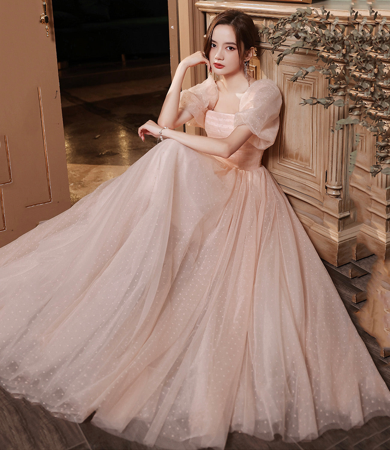 Pink tulle long A line prom dress pink evening gown 8943