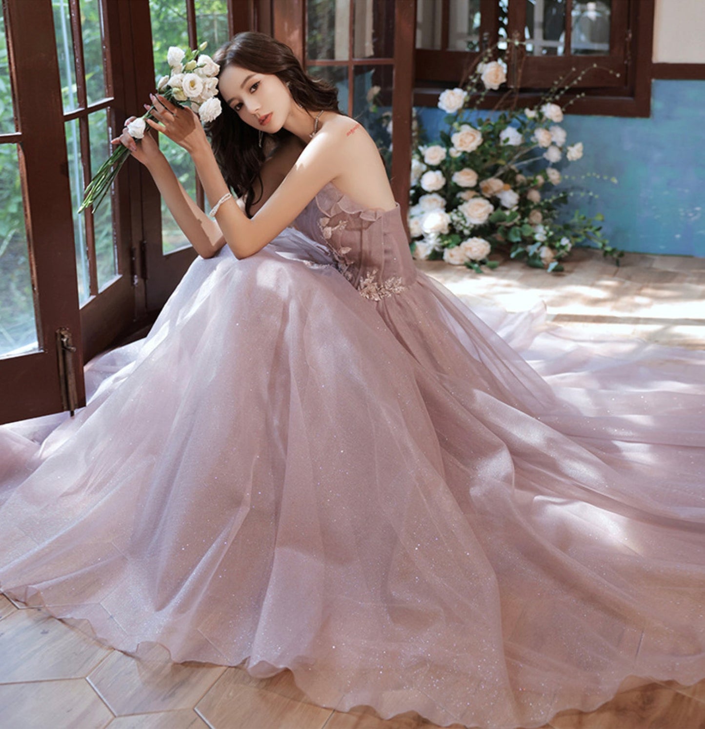Pink tulle lace long A line prom dress evening gown 8952