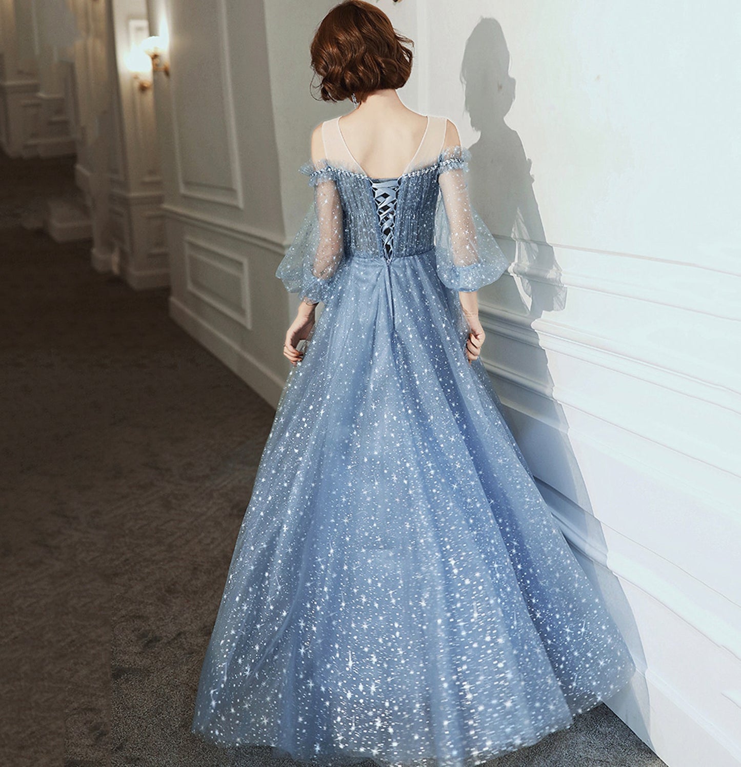 Blue tulle long prom dress A line evening gown 8955
