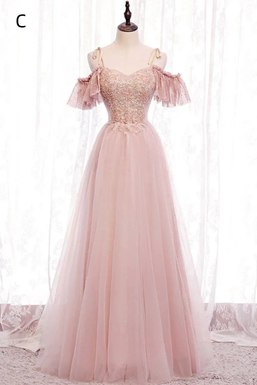 Pink tulle lace long prom dress evening dress 8349
