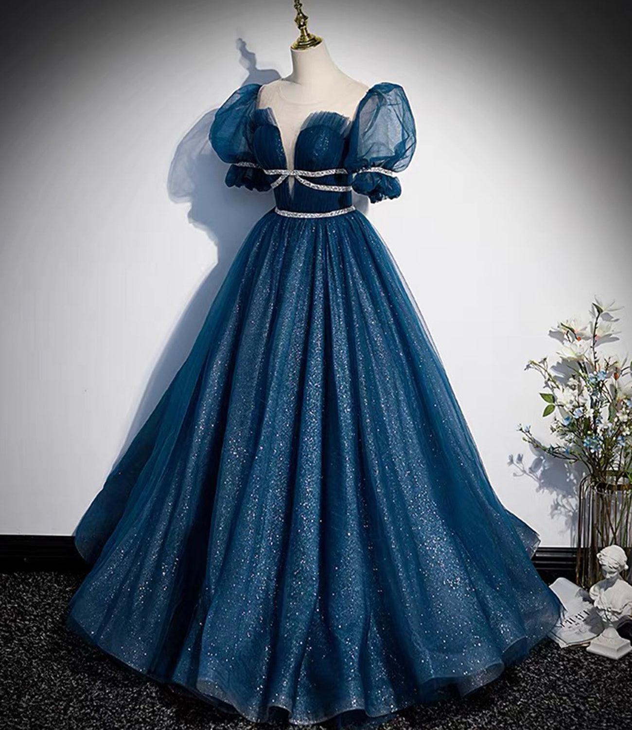 Shiny tulle sequins long prom dress A line evening gown 10380