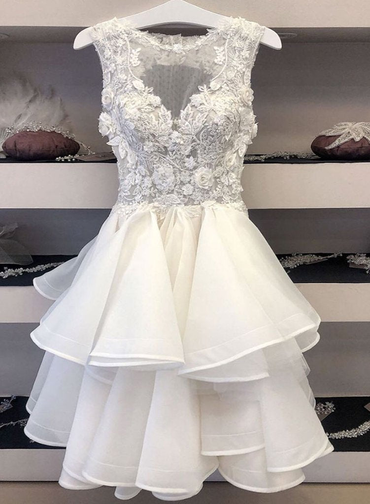 White tulle lace short prom dress homecoming dress 8917