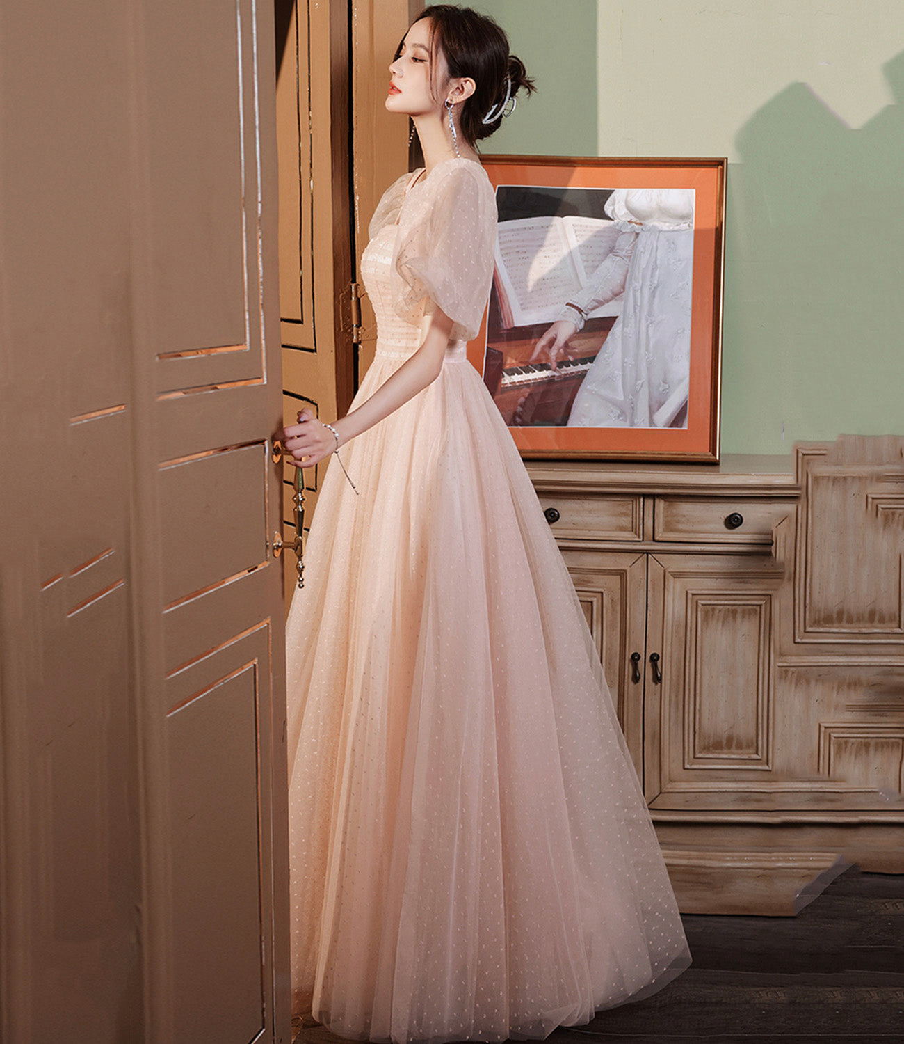 Pink tulle long A line prom dress pink evening gown 8943