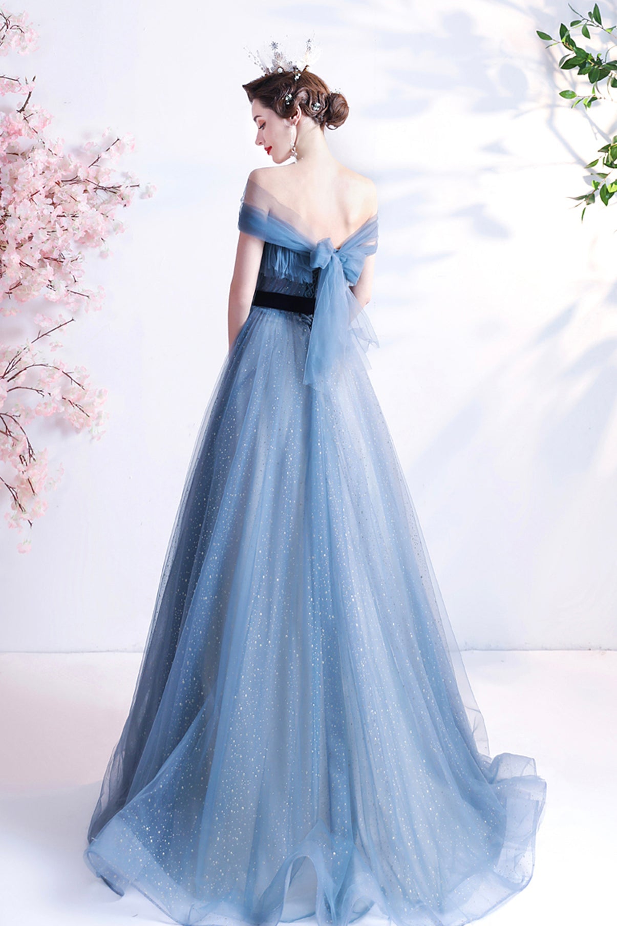 Blue tulle long A line prom dress blue evening dress 8777