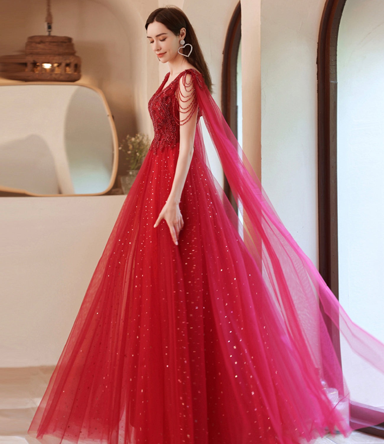 Red tulle beads long A line prom dress evening dress 8794