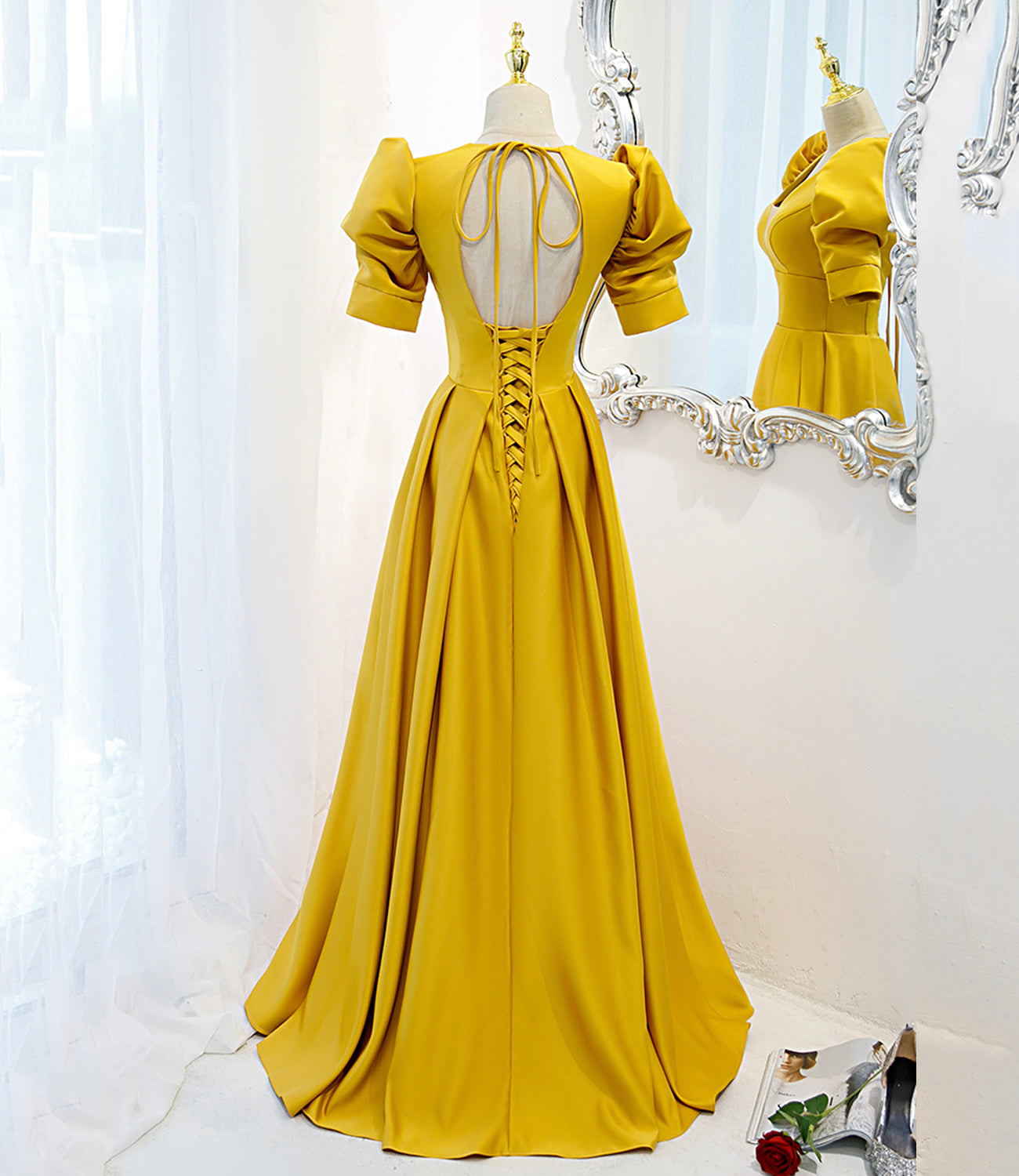 Yellow satin long A line prom dress evening dress 8847