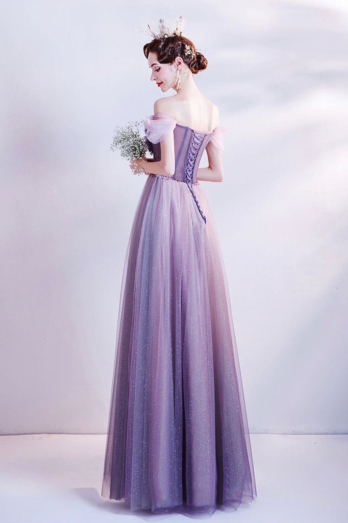 Purple tulle long A line prom dress evening dress 8740