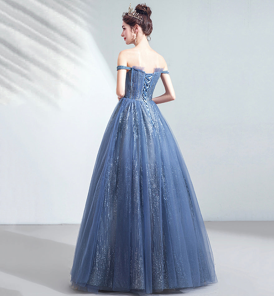 Blue tulle sequins long prom dress evening dress 8433