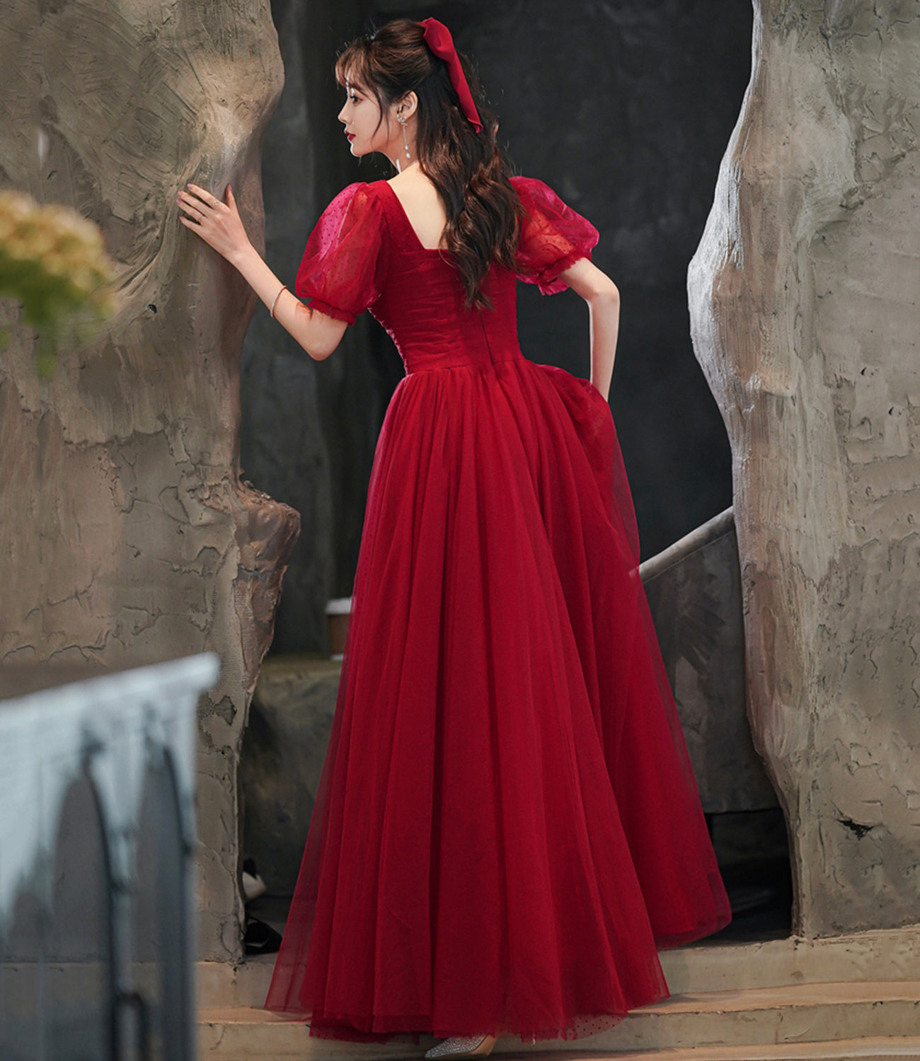 Burgundy tulle long A line prom dress evening dress 8843