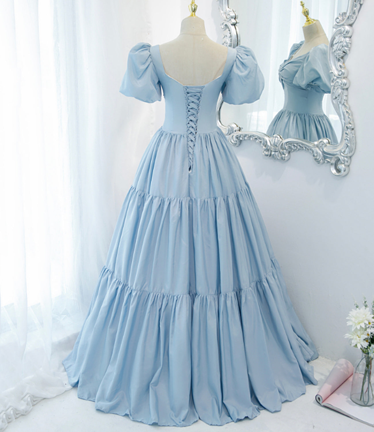 Blue satin long A line prom dress blue evening dress 8837