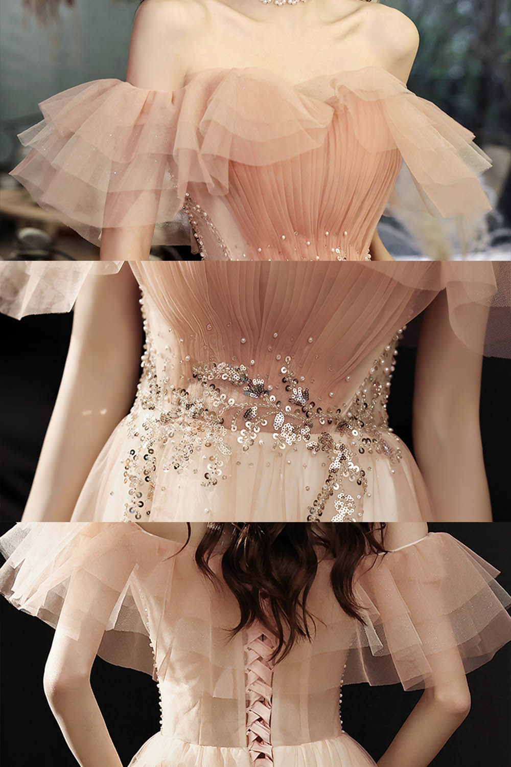 Pink tulle sequins long prom dress evening dress 8600
