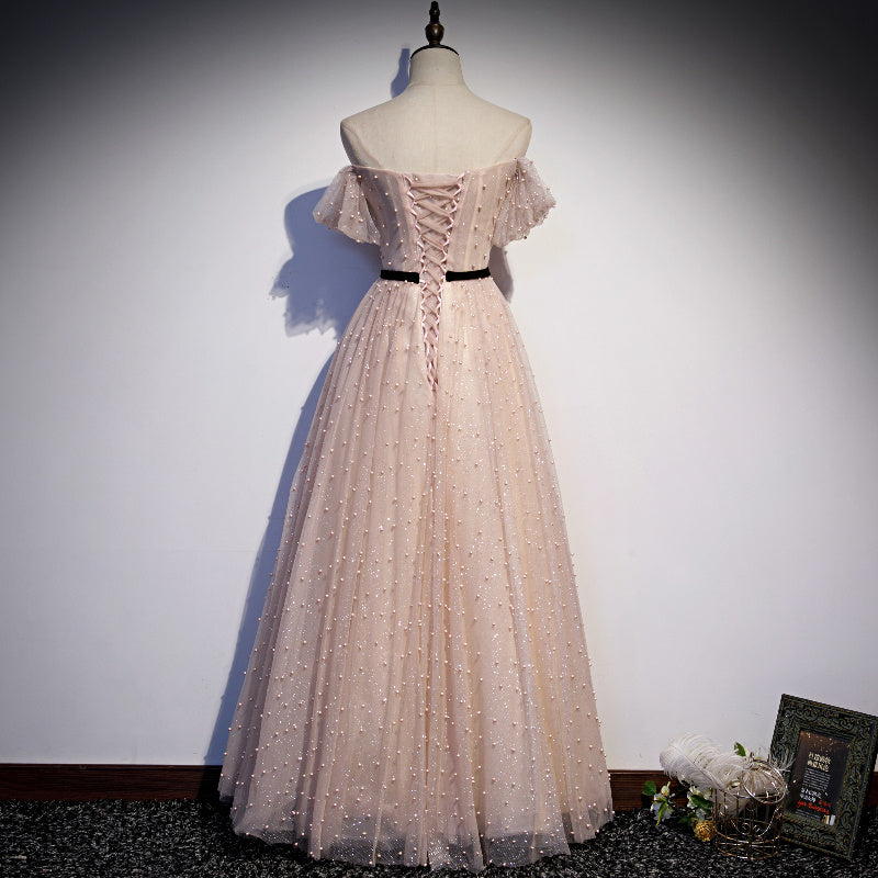 Lovely A line tulle pearl long prom dress evening dress 8685