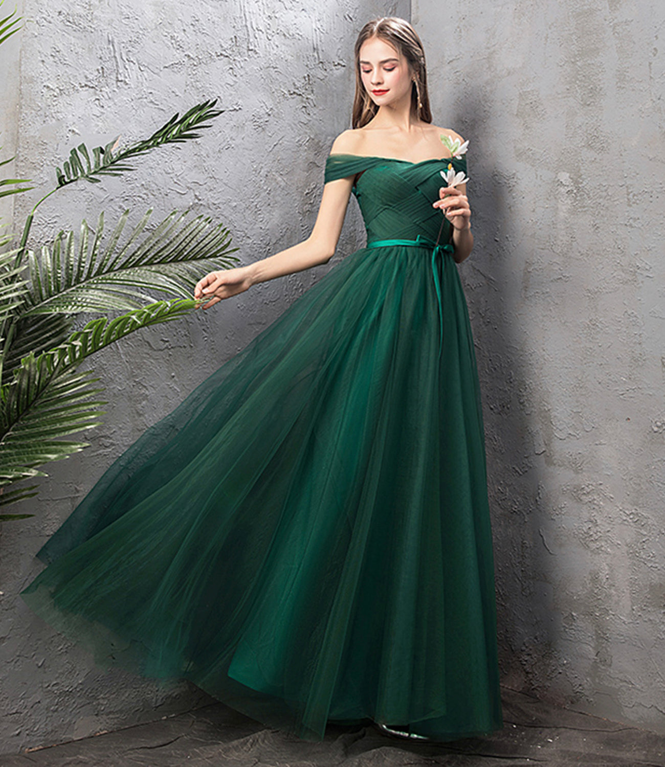 Green tulle long A line prom dress green evening dress 8868