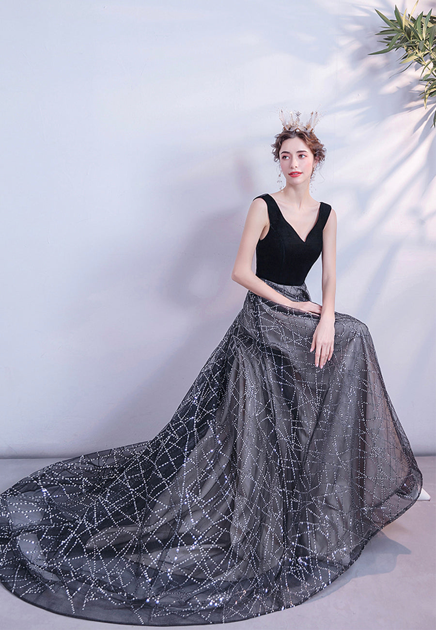 Black velvet sequins long prom dress formal dress 8450