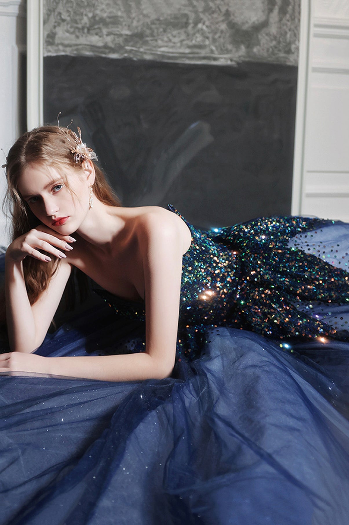 Shiny sequins long prom dress A line evening dress 8577