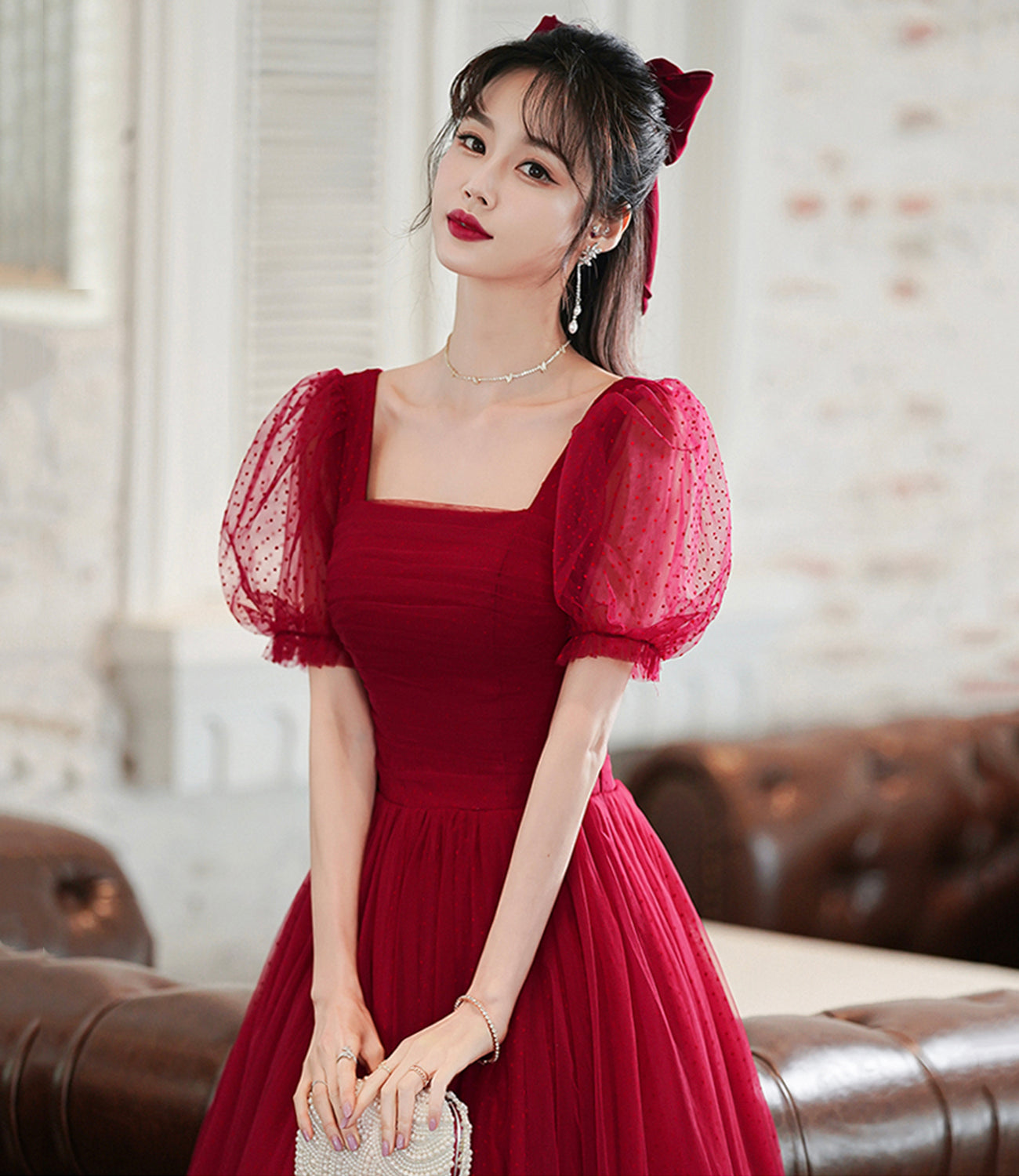Burgundy tulle long A line prom dress evening dress 8843