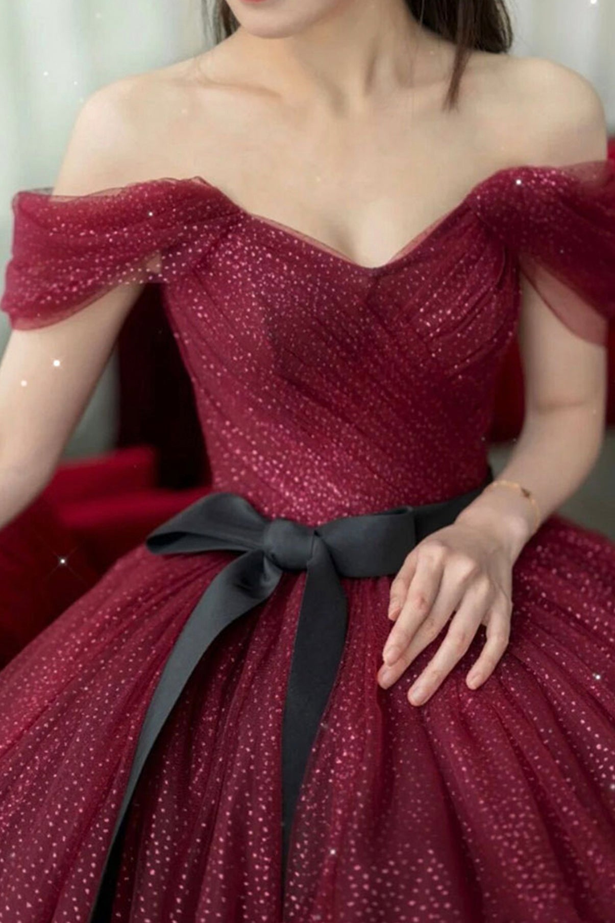 Burgundy tulle long A line prom dress evening dress 8856