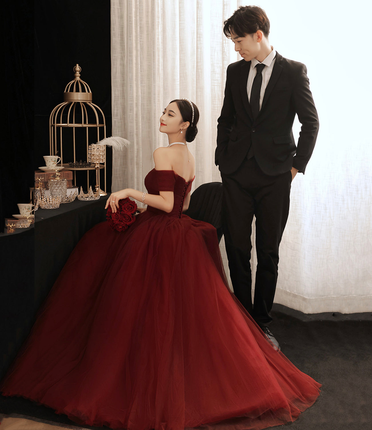 Burgundy tulle long A line prom dress evening dress 8874