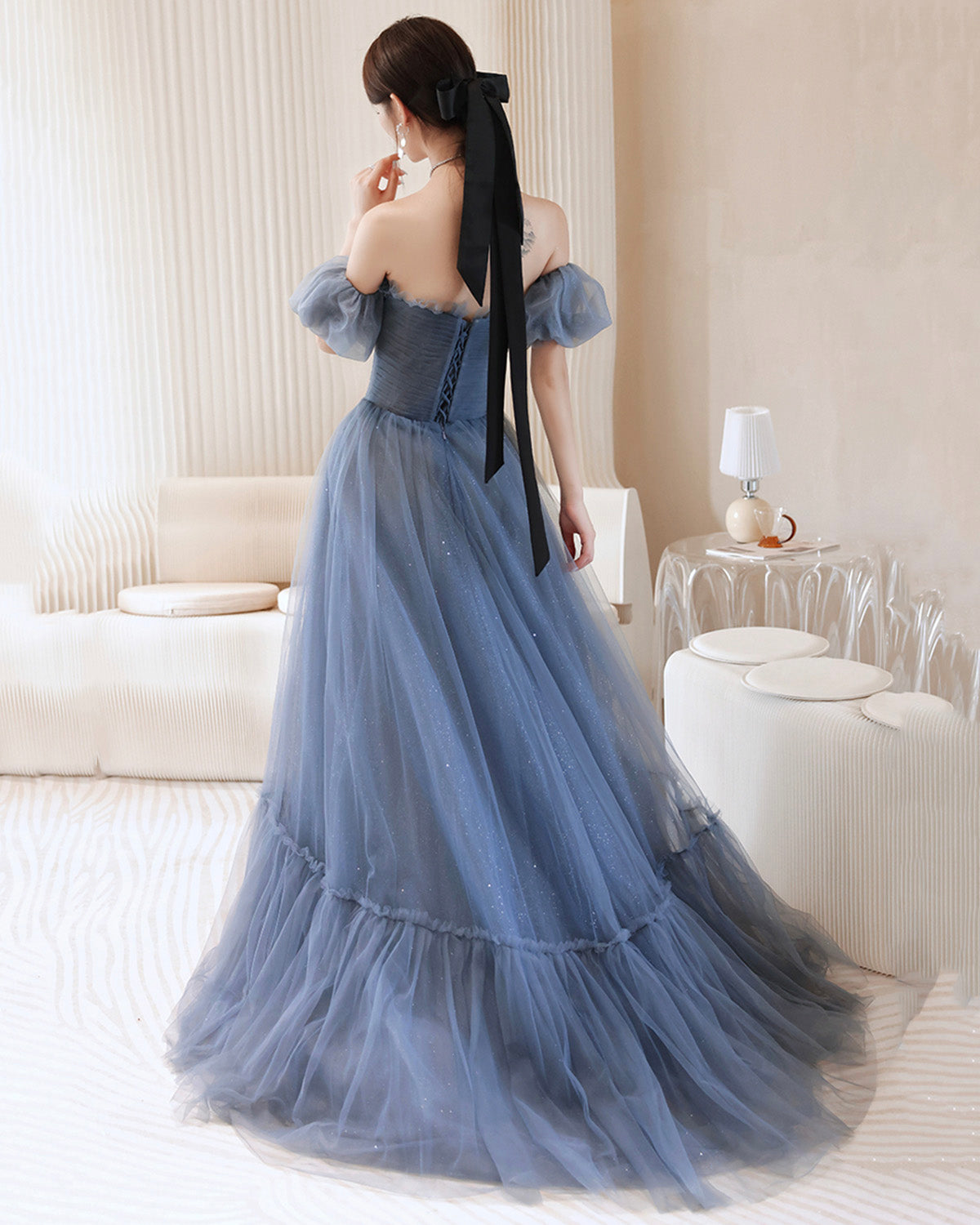 Blue tulle long A line prom dress blue evening dress 8903