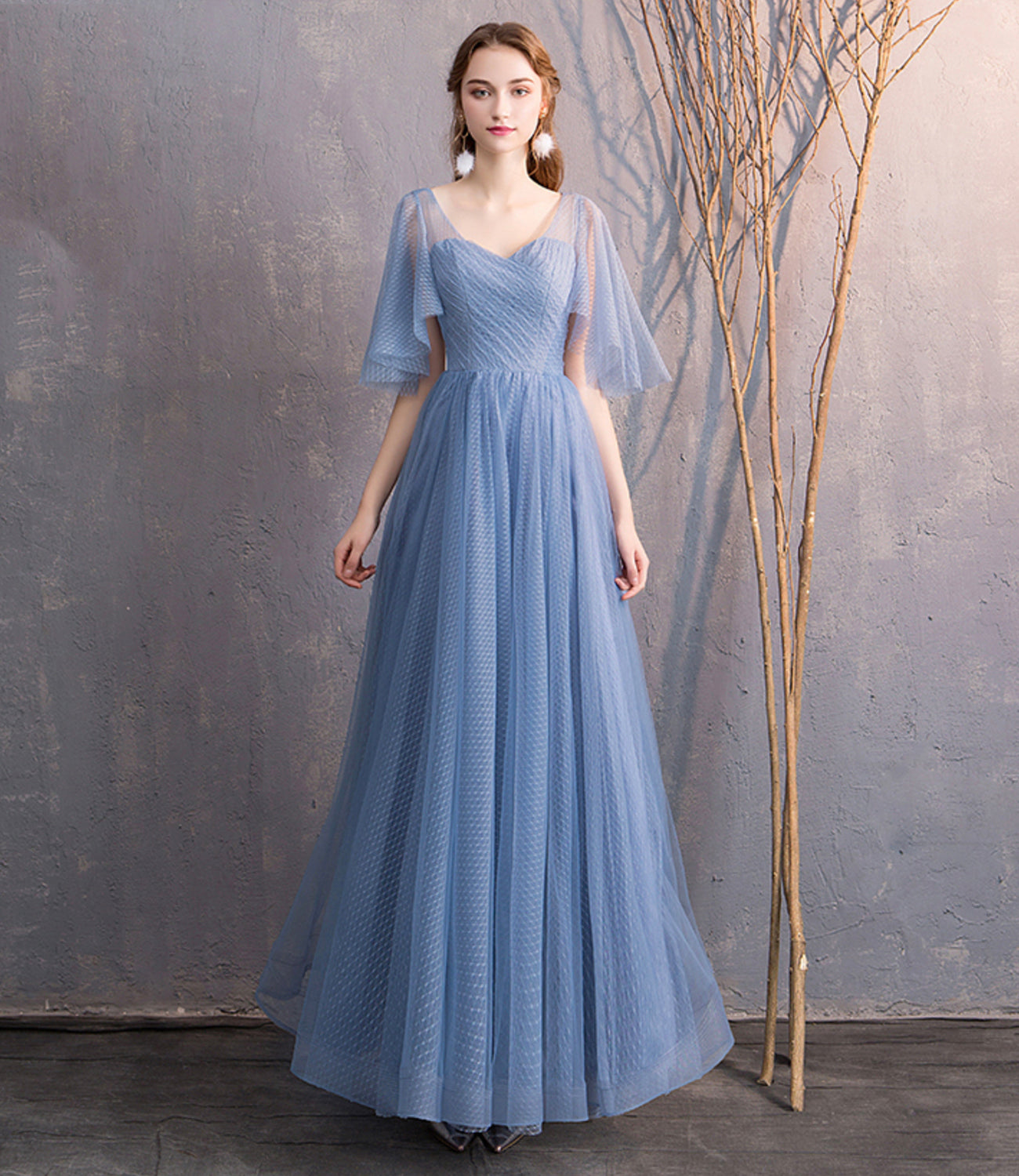 Blue tulle long prom dress simple evening dress 8866