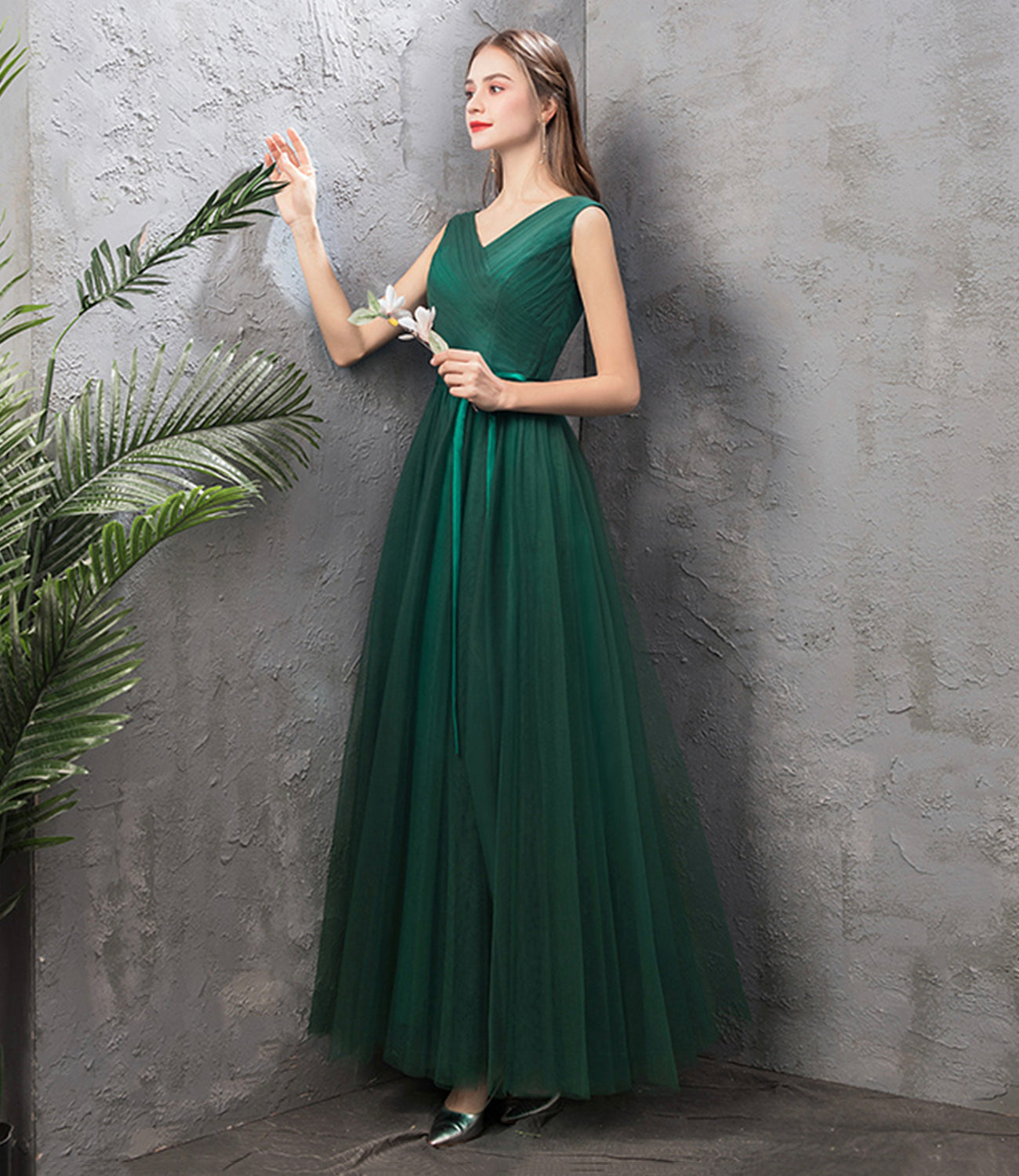 Green tulle long A line prom dress green evening dress 8868