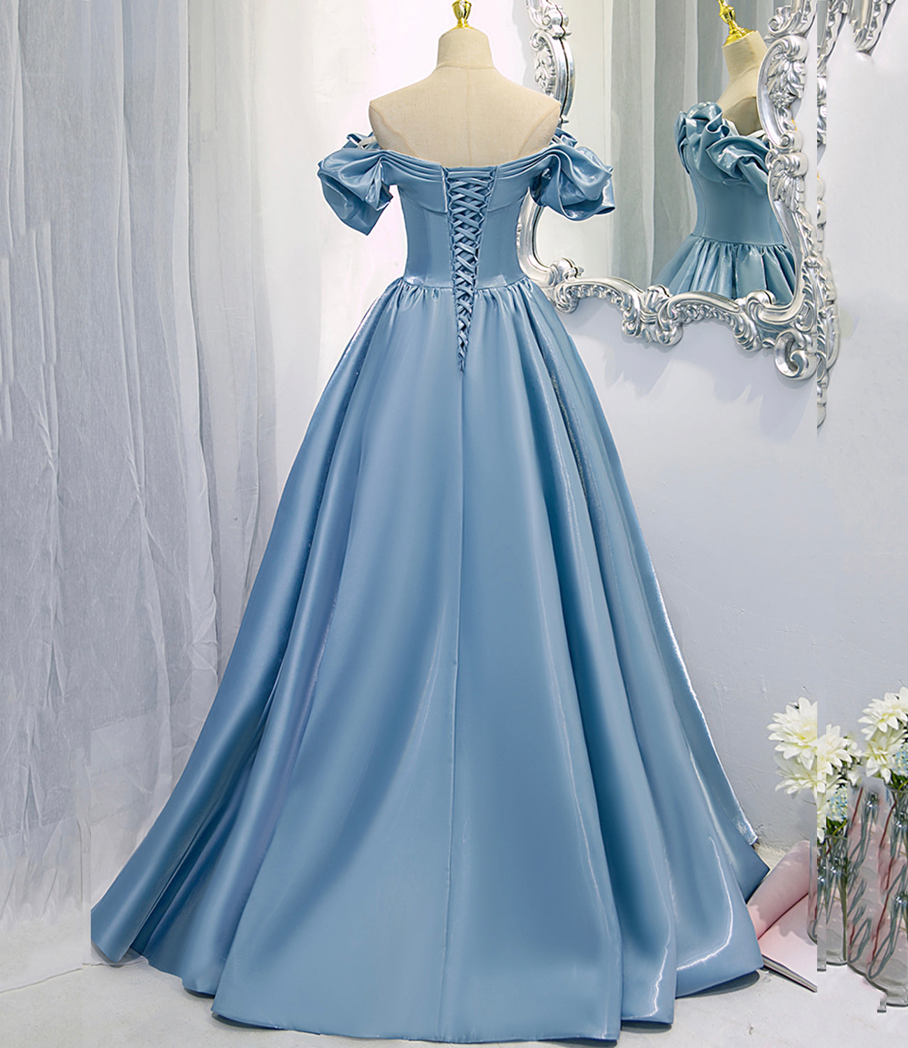 Shiny satin long A line prom dress blue evening dress 8845
