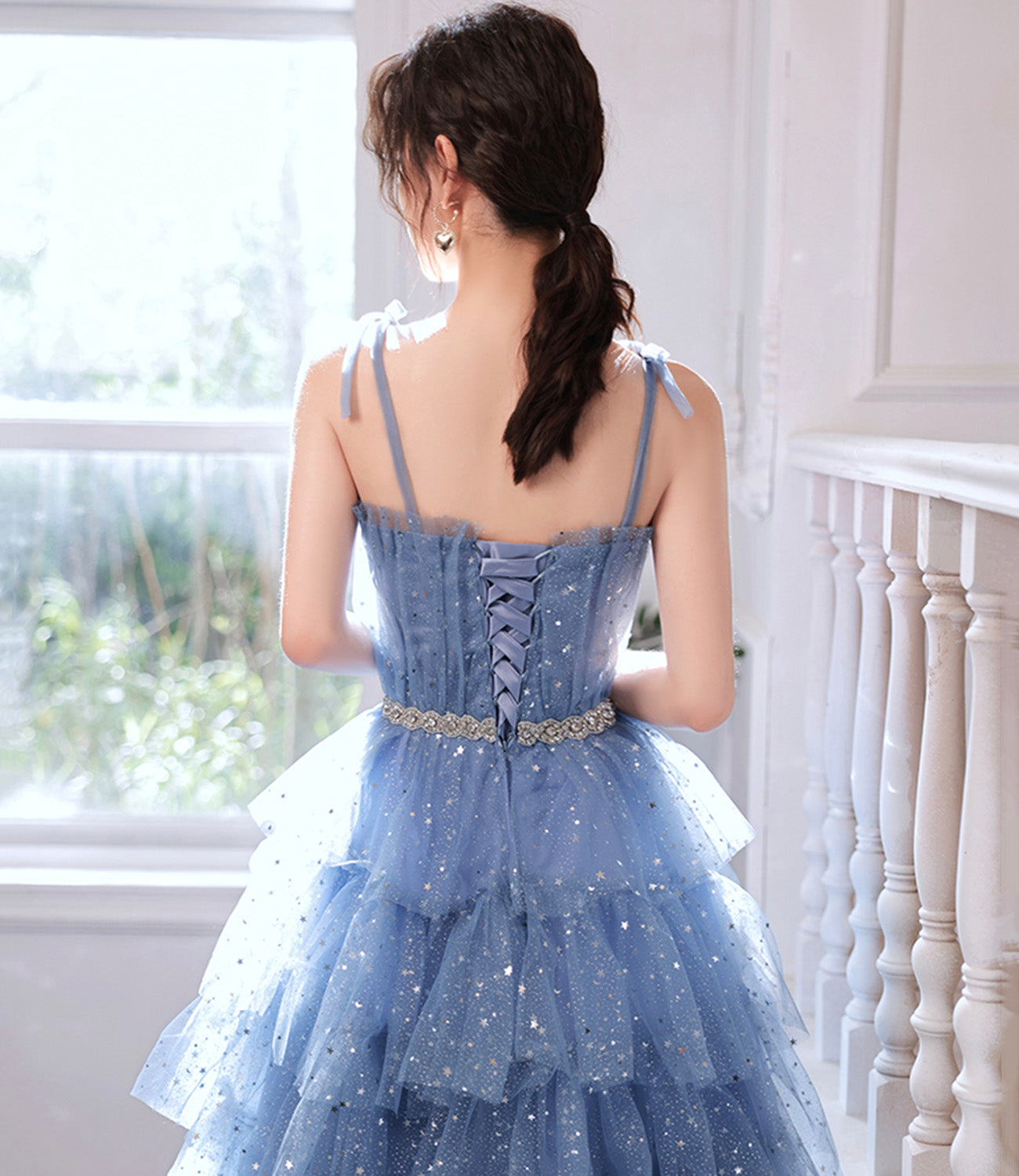Blue tulle off shoulder prom dress homecoming dress 8896
