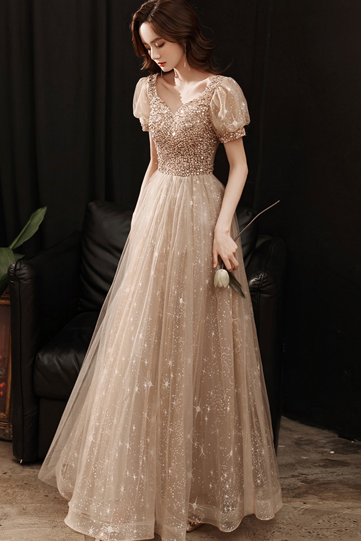 Gold tulle beads long A line prom dress evening dress 8860