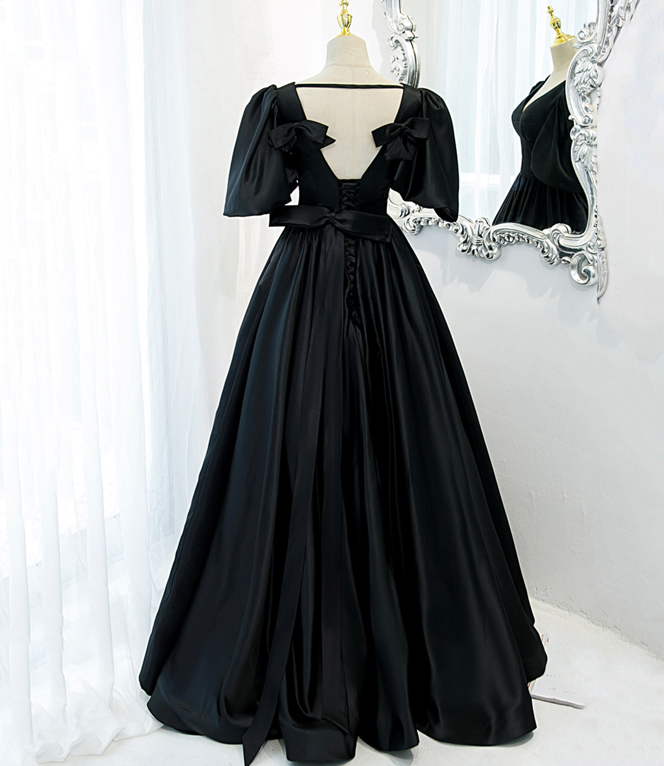 Black v neck satin long A line prom dress evening dress 8846