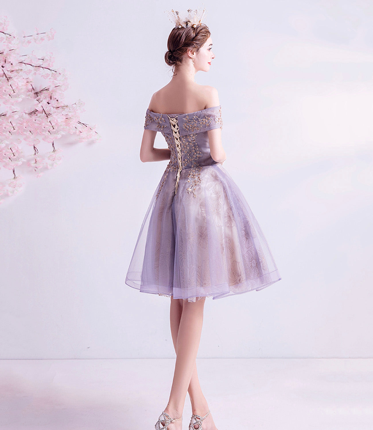 Purple tulle lace short prom dress homecoming dress 8900