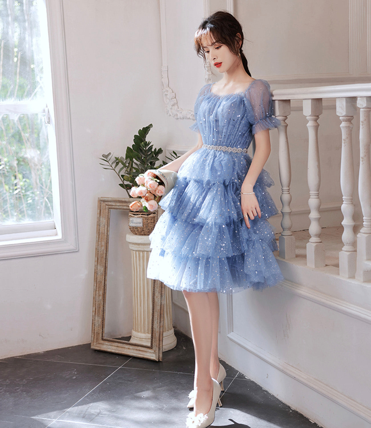 Blue tulle short A line prom dress homecoming dress 8897