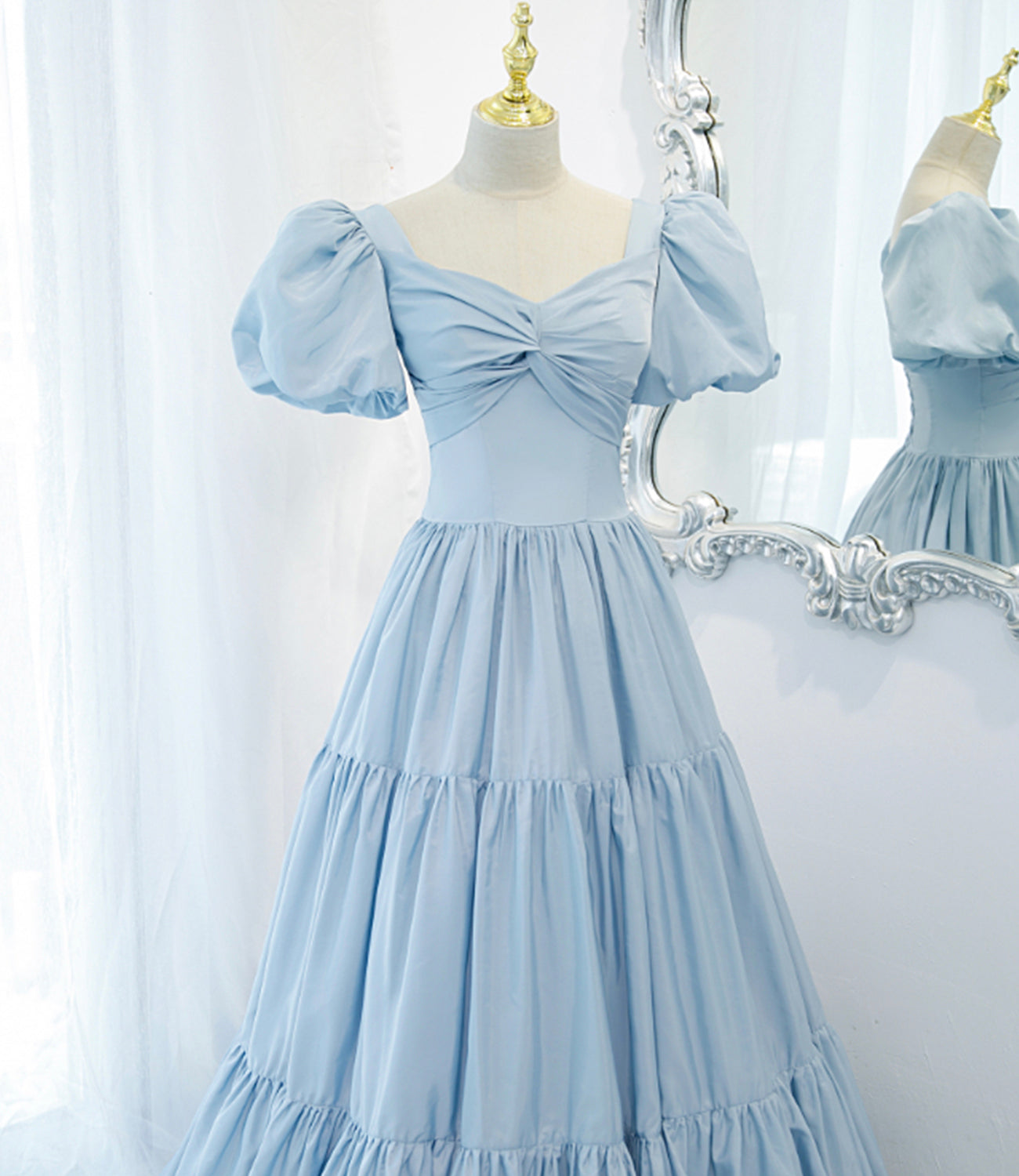 Blue satin long A line prom dress blue evening dress 8837