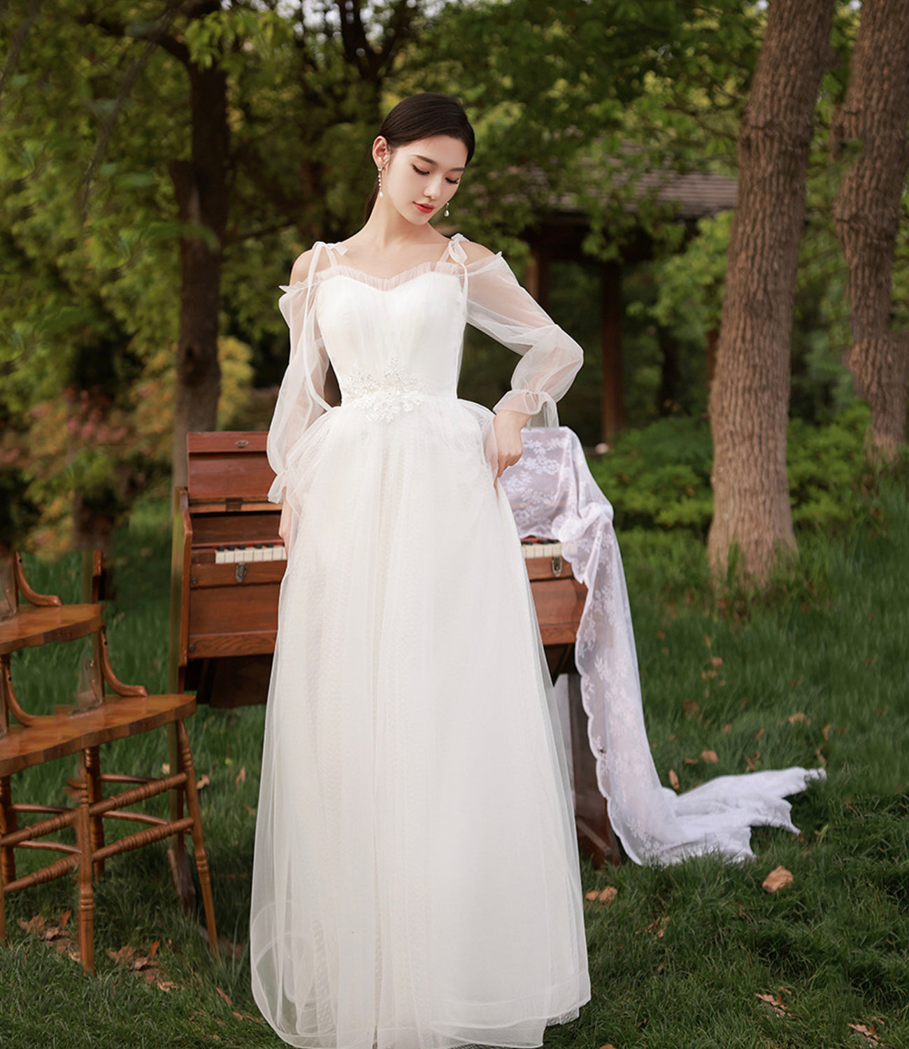 White tulle long A line prom dress bridesmaid dress 8888
