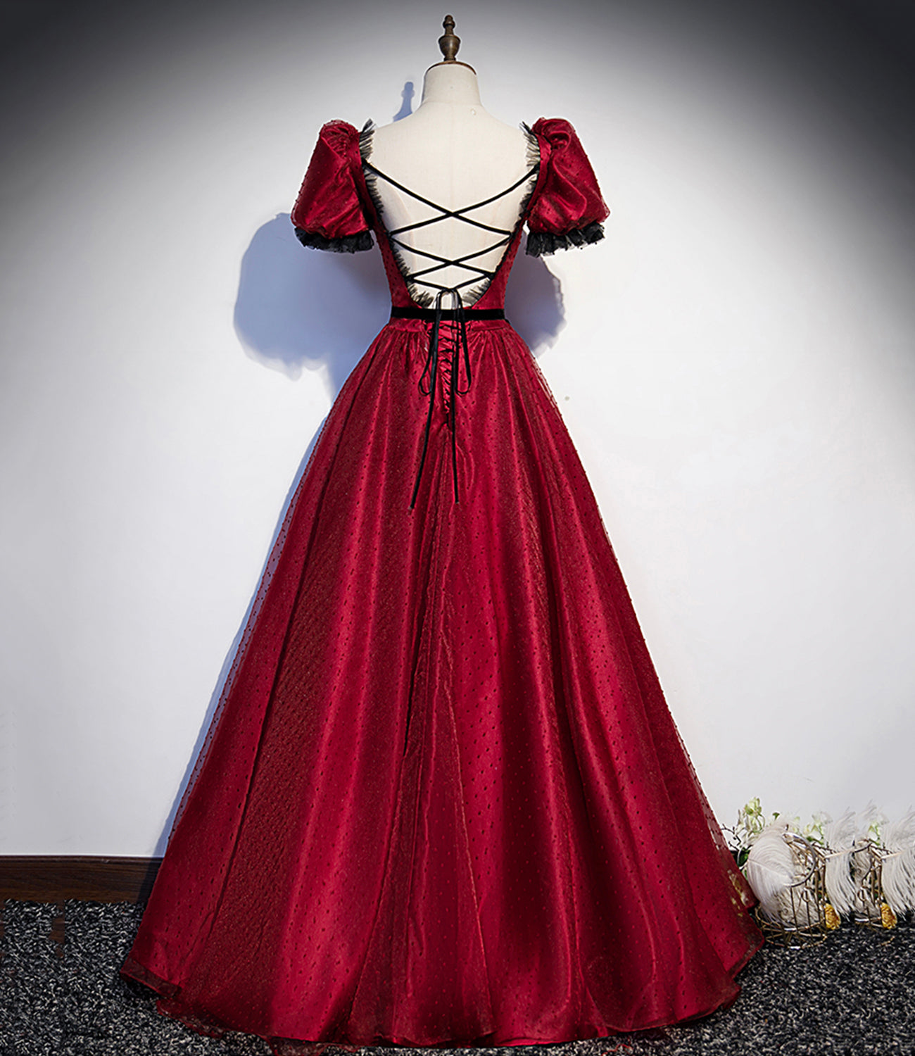 Burgundy tulle long A line prom dress evening dress 8839