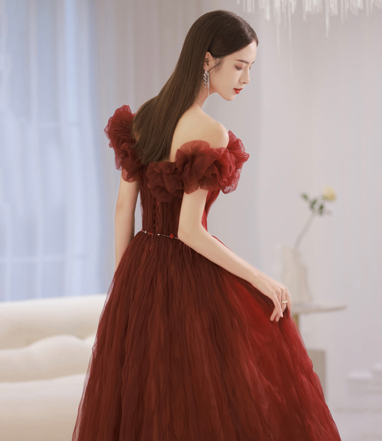 Unique tulle long prom dress off shoulder evening dress 8862