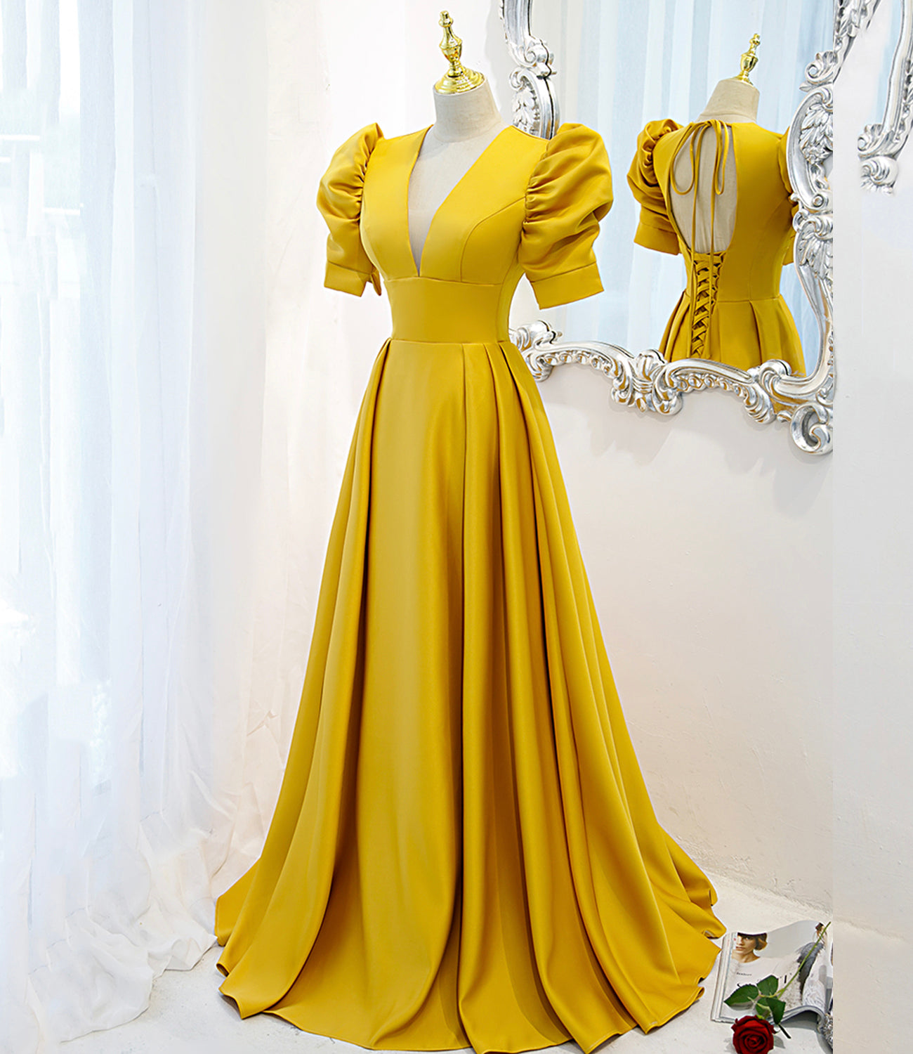 Yellow satin long A line prom dress evening dress 8847