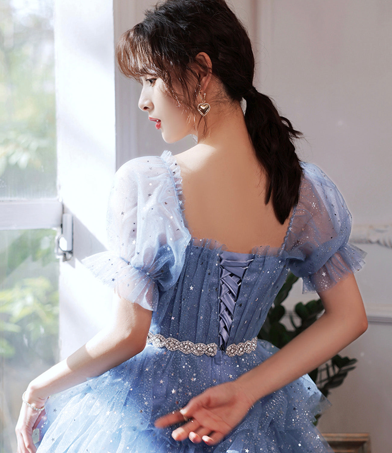 Blue tulle short A line prom dress homecoming dress 8897