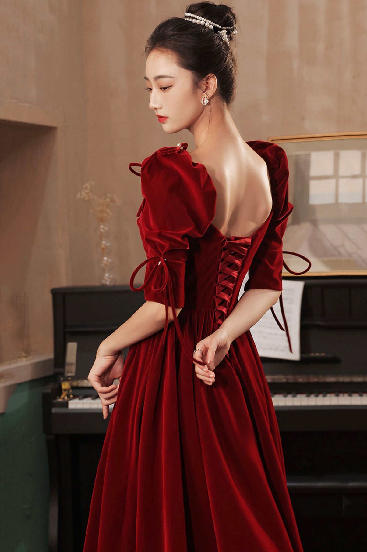 Burgundy velvet long prom dress A line evening gown 10025