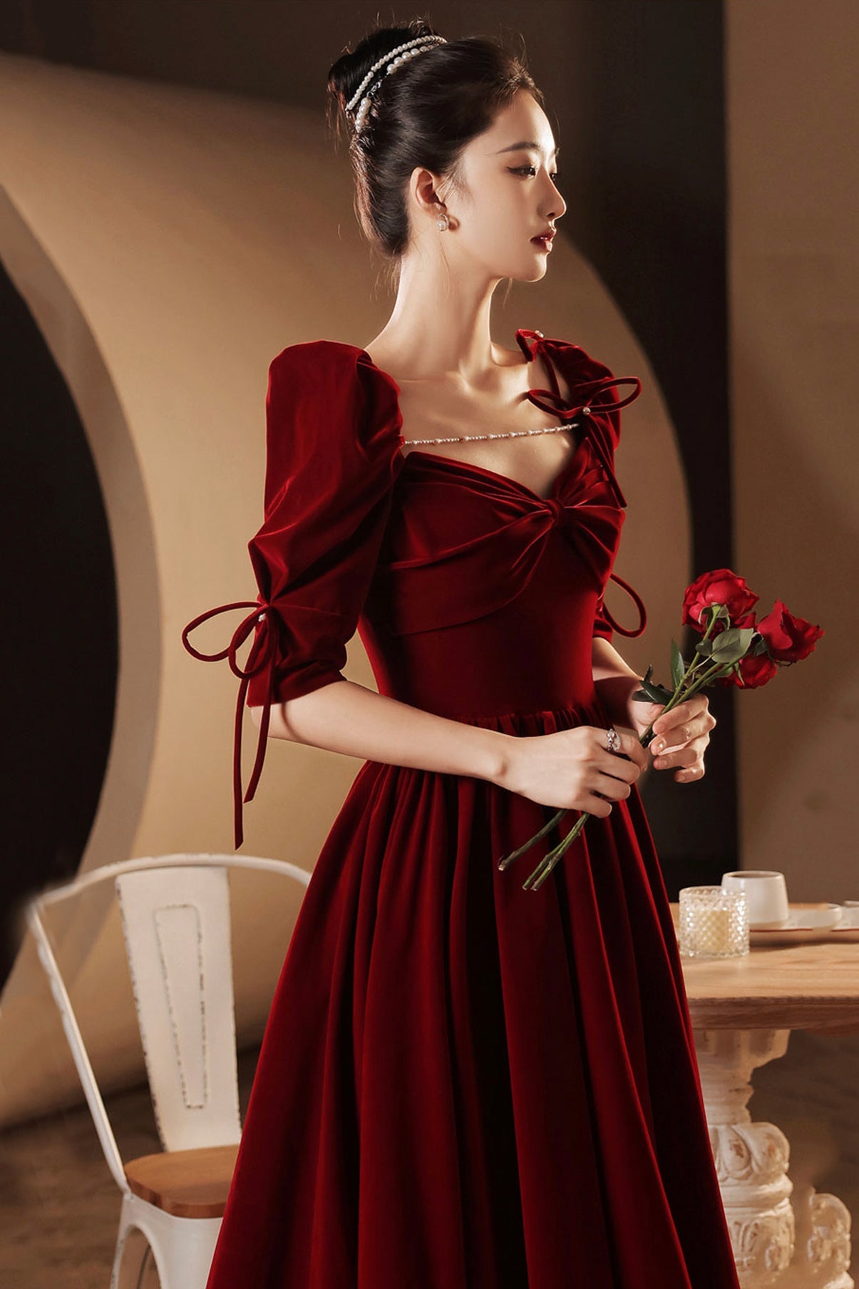 Burgundy velvet long prom dress A line evening gown 10025